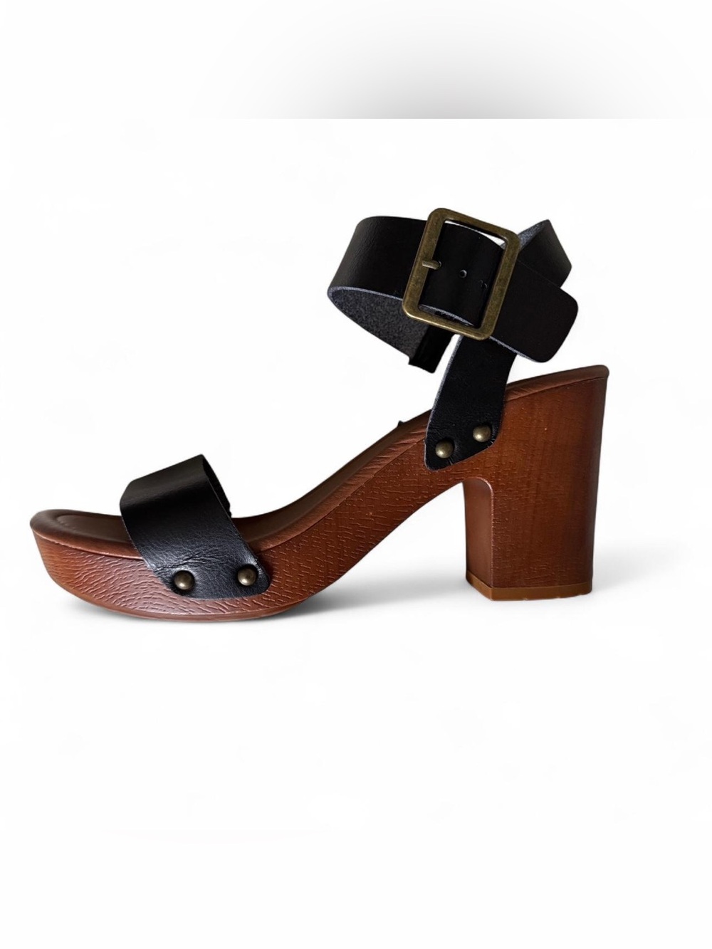 Black Leather Strap Block Heel Sandals with Brown Platform